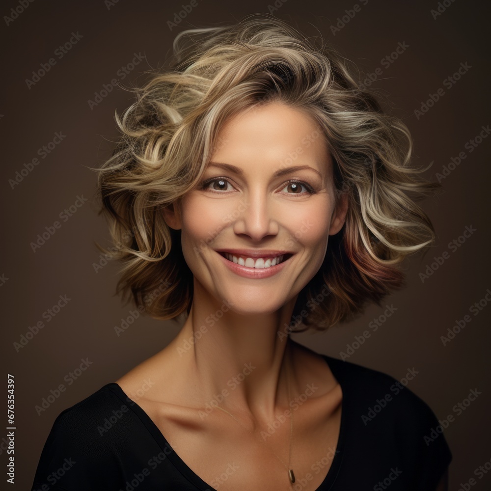 Mature woman with a beautiful smile and happy face. Adult aged woman with healthy and smooth skin. Cosmetics and beauty skincare. Generative AI