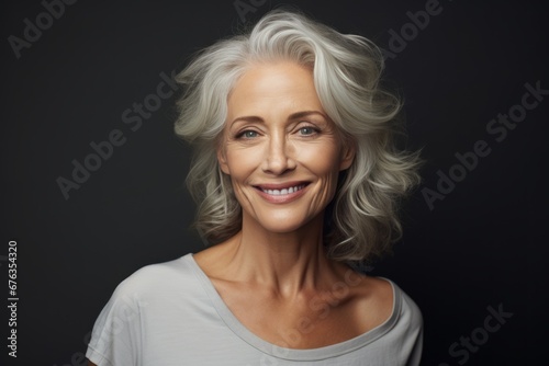 Mature woman with a beautiful smile and happy face. Adult aged woman with healthy and smooth skin. Cosmetics and beauty skincare. Generative AI