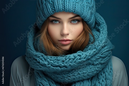 Portrait of young adult fashionable woman wearing winter clothes, looking at camera, isolated on cyan background. Generative AI.