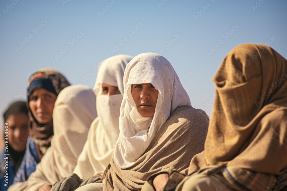 Group of refugees women with traditional headscarves in desert