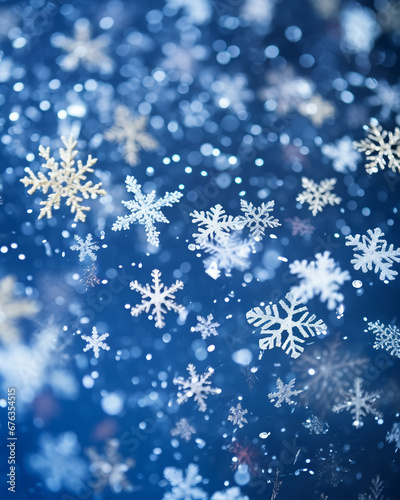 snowflake background colorful falling snow crystals on blue winter background, depth of field, christmas background wallpaper
