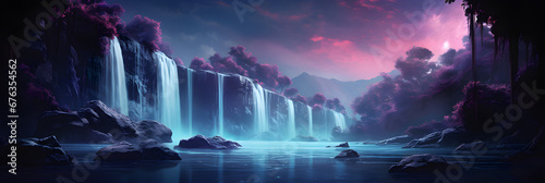 Colourful alien landscape showing mountains and water photo
