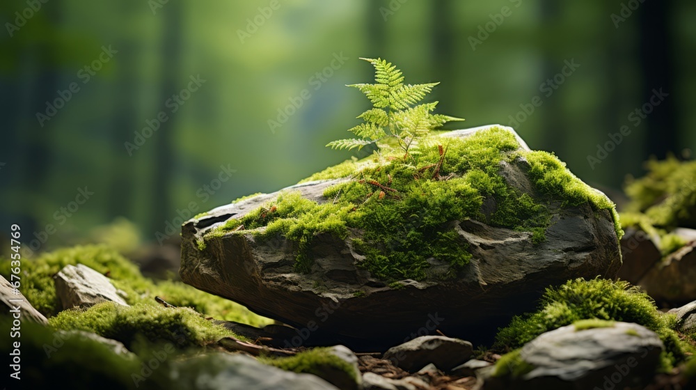 A stone was covered with green moss in the forest. Wildlife landscape. Beautiful, bright green moss Product presentation display mockup natural light- For product display montage of your products. A stone was covered with green moss in the forest. Wildlife landscape. Beautiful, bright green moss Product presentation display mockup natural light- For product display montage of your products.