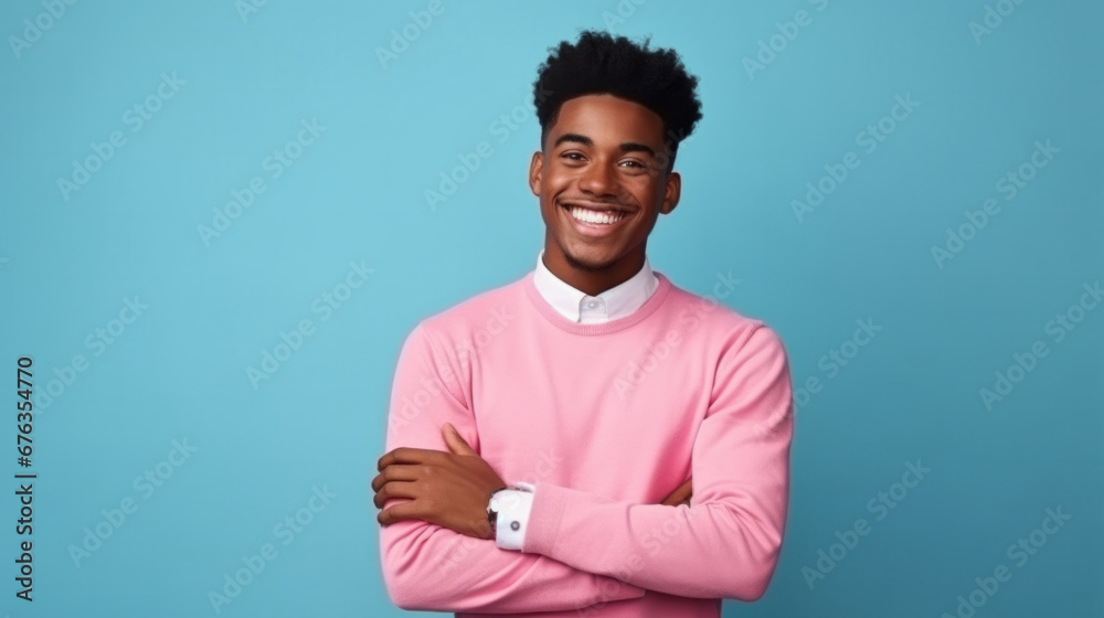 Confident young man in pink sweater with crossed arms smiling against a blue background.. Confident young man in pink sweater with crossed arms smiling against a blue background..