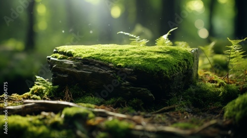 A stone was covered with green moss in the forest. Wildlife landscape. Beautiful, bright green moss Product presentation display mockup natural light- For product display montage of your products.