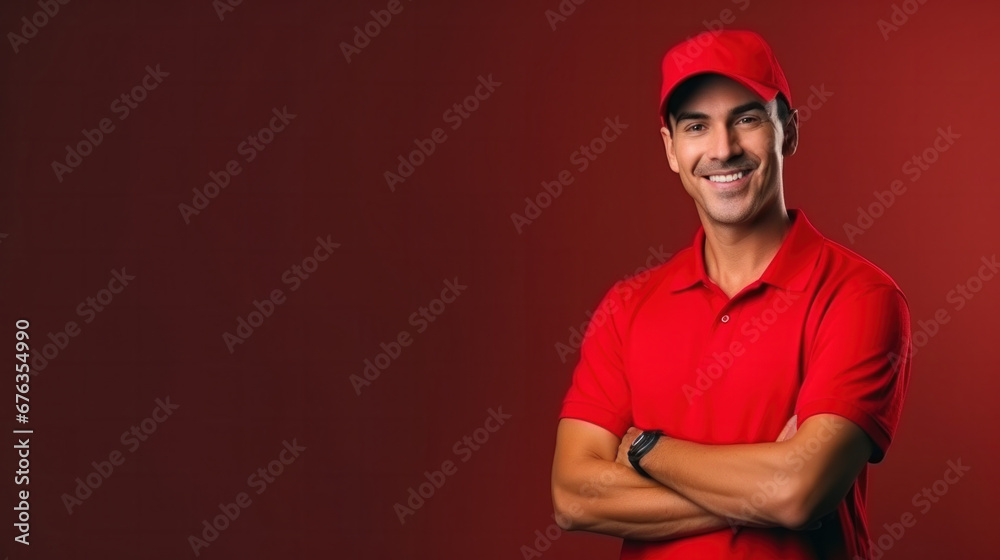 Confident man in red uniform and cap, arms crossed, smiling on a red background..