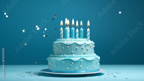 Birthday blue cake with frosting and lit birthday candles ready for a birthday party, blue background, Generative AI