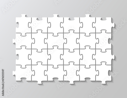 Jigsaw outline grid with 24 details. Cutting template scheme Modern background with separate shapes. Mosaic silhouette of thinking game Rectangle puzzle pieces grid. Simple frame tiles. Vector