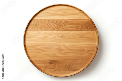 Oval wooden tray with natural grain patterns on a white background. Kitchen eco utility concept photo