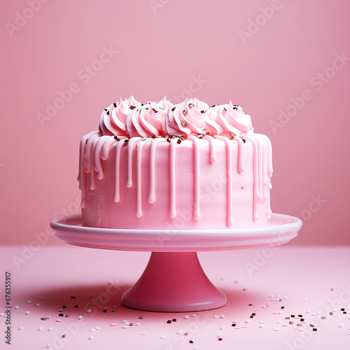Pink birthday cake decorated with melted white chocolate and creme. Plain pink background. Generative AI