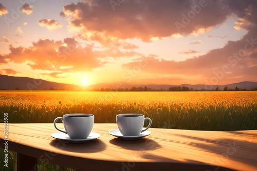 A cup of coffee or tea on a table in front of a field with a sunset in the background