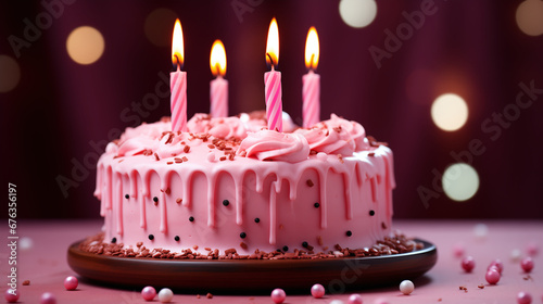 Pink birthday cake decorated with melted white chocolate and creme  with lit candles. Plain pink background. Generative AI