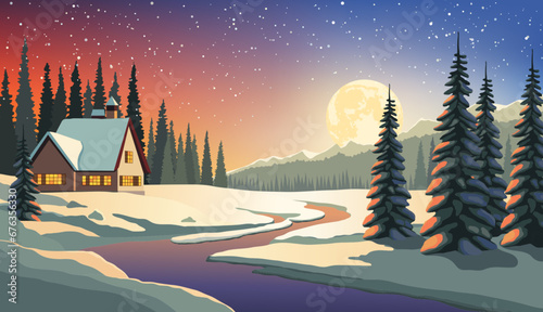 Fantastic winter night landscape with wooden house in snowy forest. Christmas holiday and winter vacations concept
