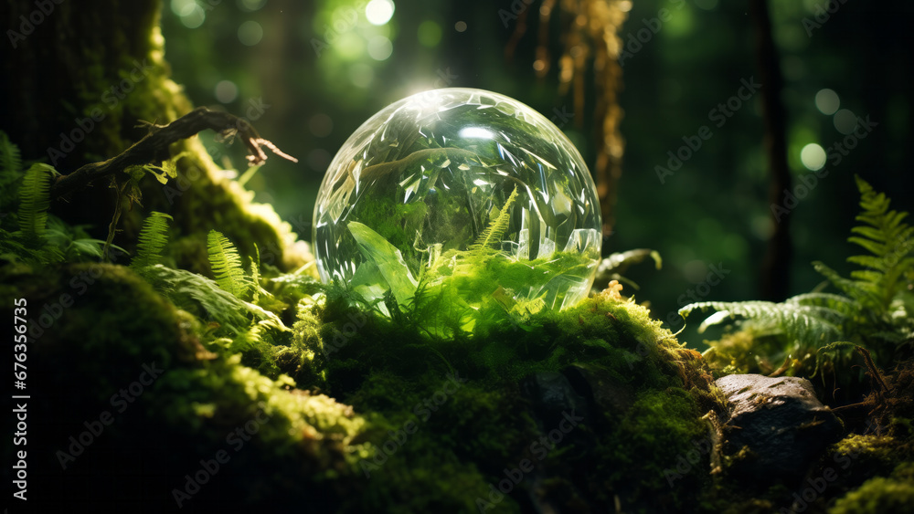 Crystal transparent glass ball among lush ferns and moss in a sunlit morning forest. Eco friendly planet concept