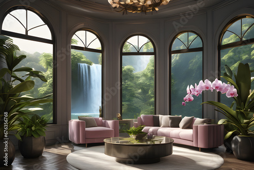 Modern living room with tropical style garden background. Beautiful view and big window.