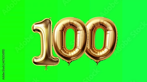 Gold balloon Number 100 ,Green Screen, Animation, motion loop, video footage, motion graphic