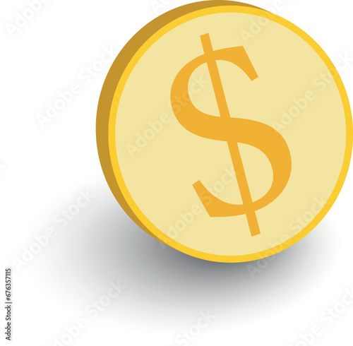 Gold coin. A coin with a dollar sign. Dollar coin. American currency. With a gray shadow on the bottom. Vector illustration.