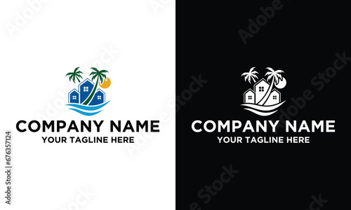 house with palm tree logo vector, tropical beach home or hotel icon design illustration