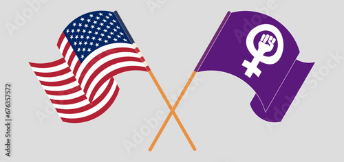 Crossed and waving flags of the USA and Feminism