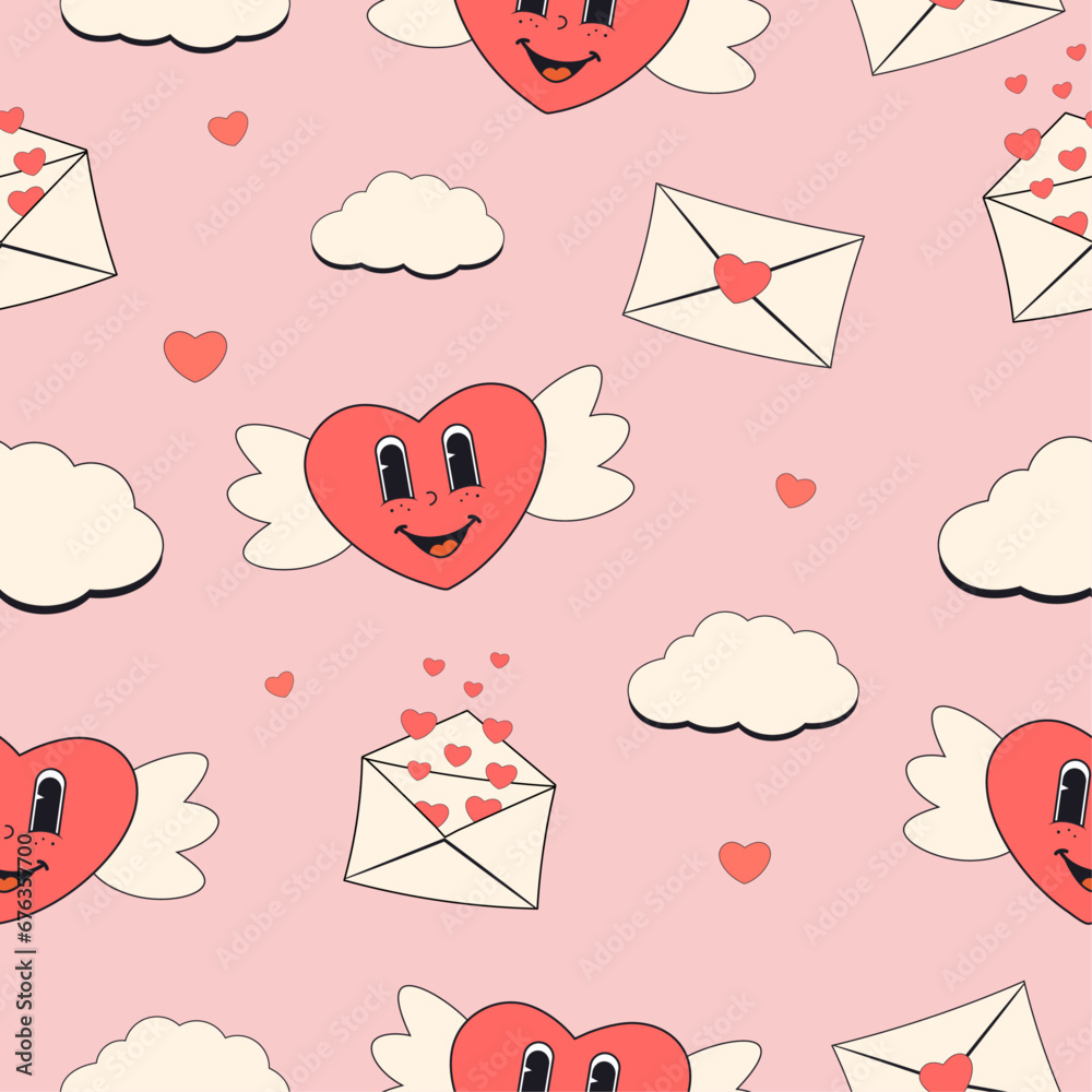 Valentine's Day seamless romantic pattern with groovy heart cupid