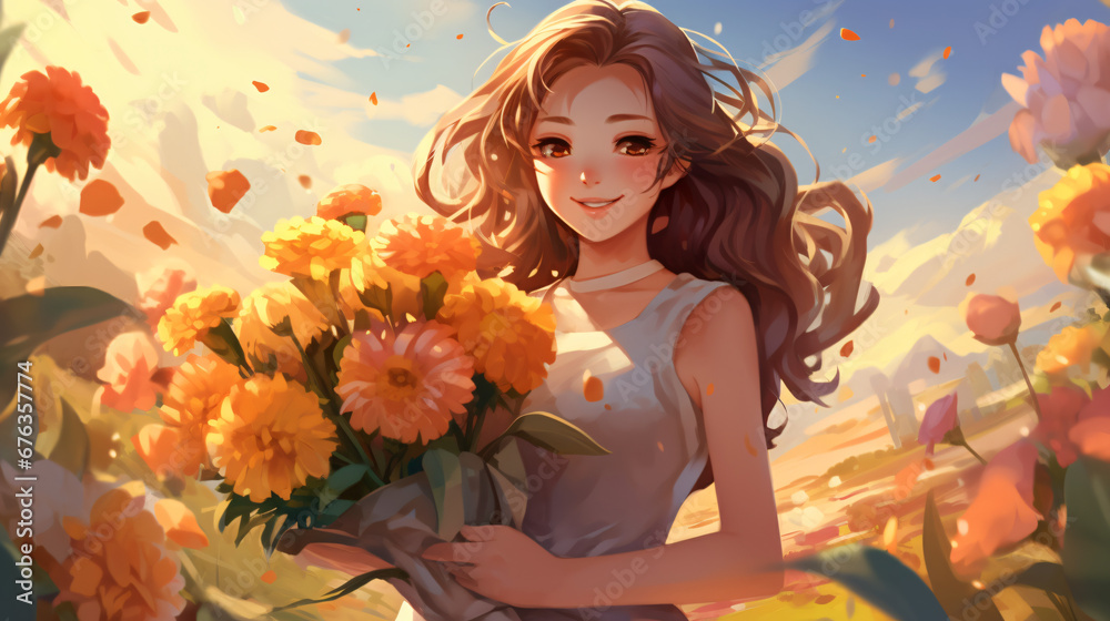 A beautiful girl bouquet bright background beautiful