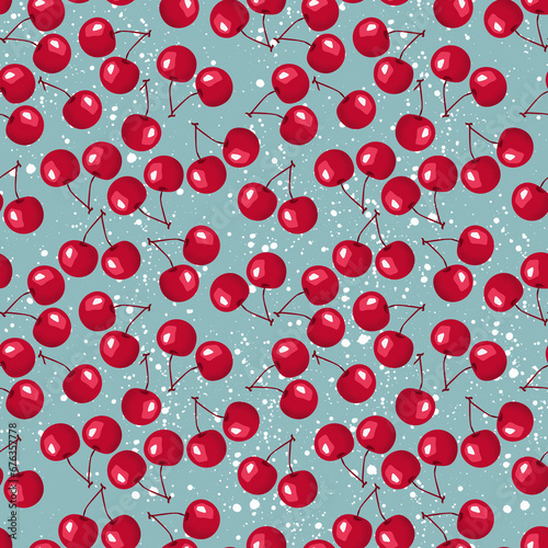 Seamless pattern with cherry. Red cherry berries on a turquoise background.