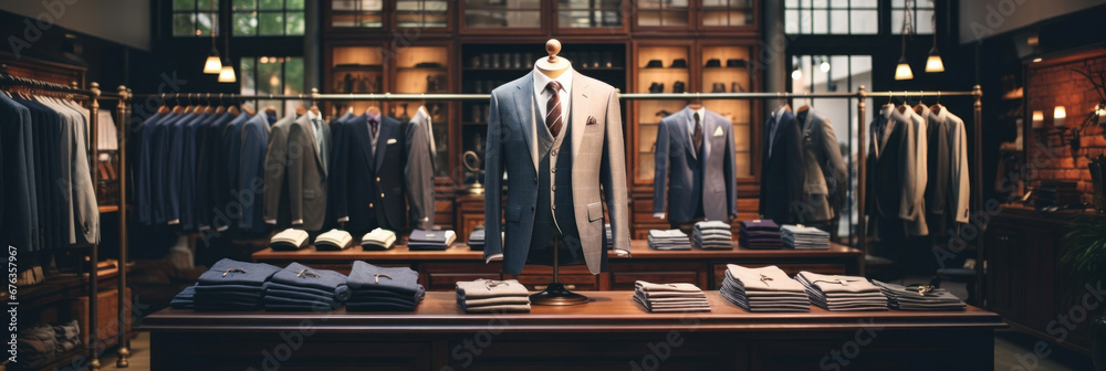 Clothing boutique with luxury male wardrobe full of expensive suits. - obrazy, fototapety, plakaty 