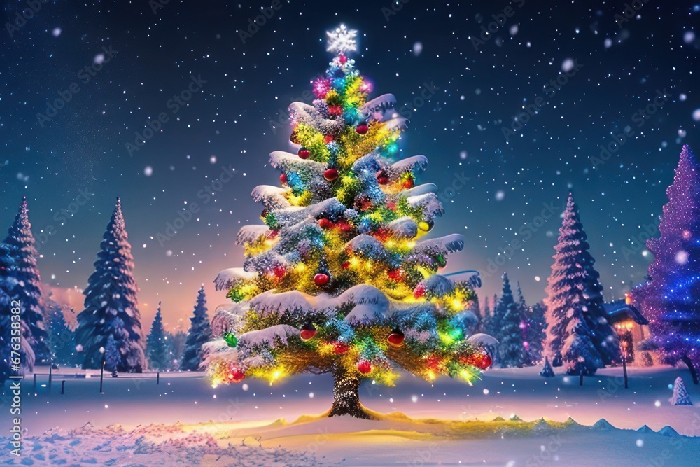 Christmas tree with lights and decorations in the center of forest at night. Greeting card. Generative AI Christmas tree with lights and decorations in the center of forest at night. Greeting card. Generative AI