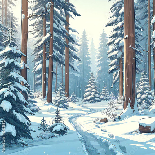 Cartoon style winter forest photography realistic snowy weather of whimsical landscape