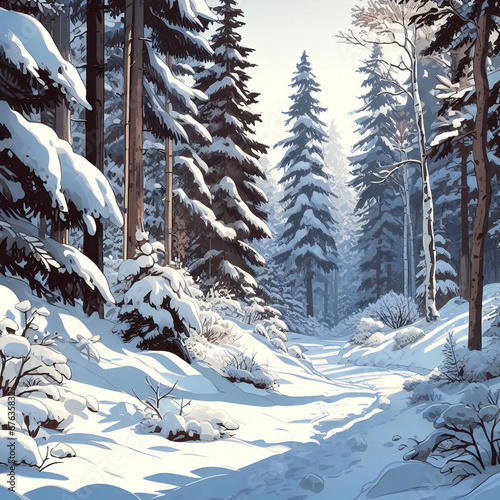 Snowy trees stand tall in the woodland portrayed with artistic flair in cartoon style