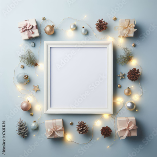 Christmas concept. Photo frame and Christmas decorations on pastel blue background