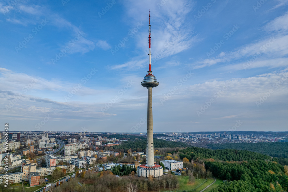 Aerial sunny autumn fall view of Vilnius TV Tower, Lithuania