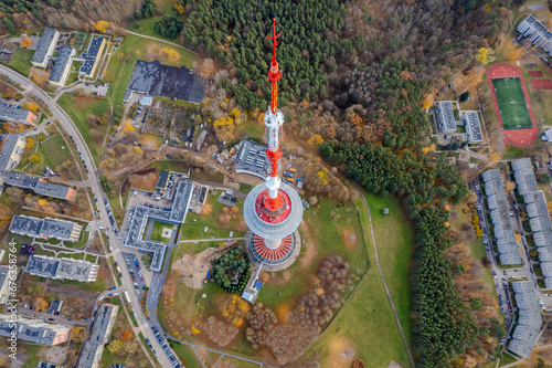 Aerial sunny autumn fall view of Vilnius TV Tower, Lithuania