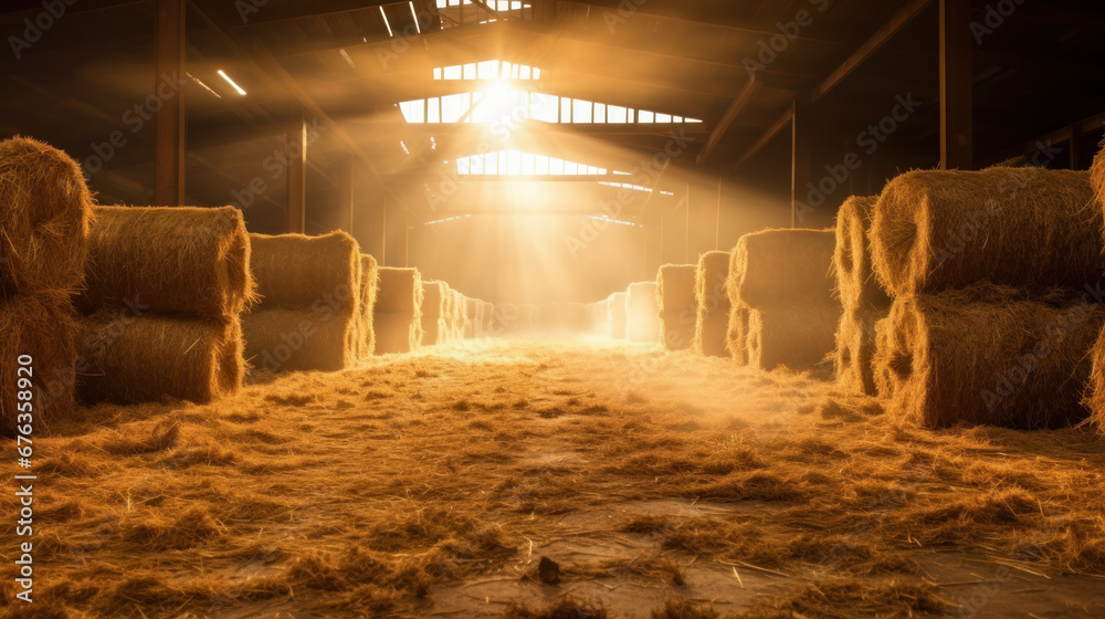 barn indoor with hay and straw bales - obrazy, fototapety, plakaty 