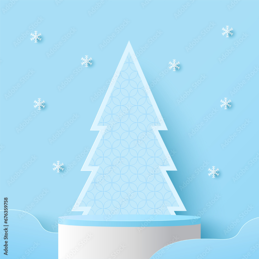Podium platform and christmas tree on red background. Platform to show product for christmas. Happy new year. Merry Christmas banner Podium platform and christmas tree on red background. Platform to show product for christmas. Happy new year. Merry Christmas banner