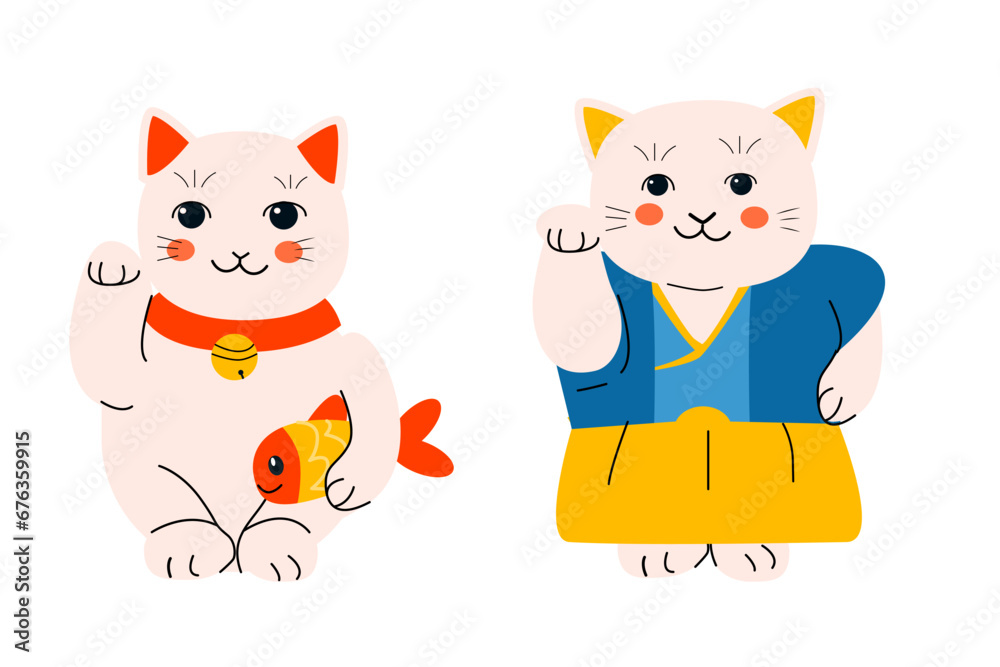 set of cute asian kitten in kimono with fish