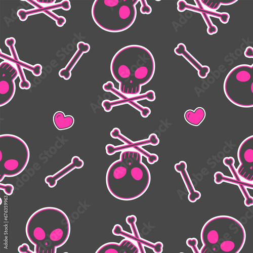 seamless pattern skull with bones, heart, 2000s emo style, y2k aesthetic, vector pattern for textiles, t-shirts, packaging and more