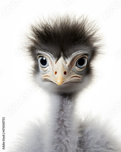 portrait of a cute baby emu chick with piercing eye.