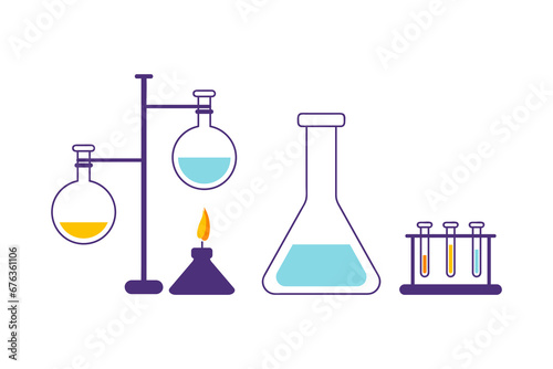 Scientific research equipment: flask, test tube set, gas burner, reagents. Chemical industry or biology research experiment with heating. Flask with reagent, test tubes on stand. Chemical laboratory 