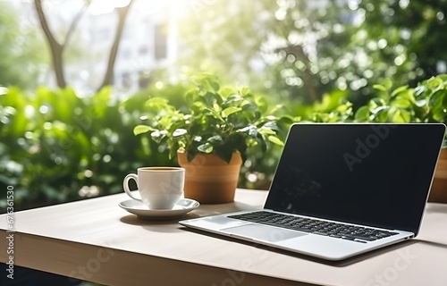 laptop, coffee cup and plant on white wooden table, office work concept