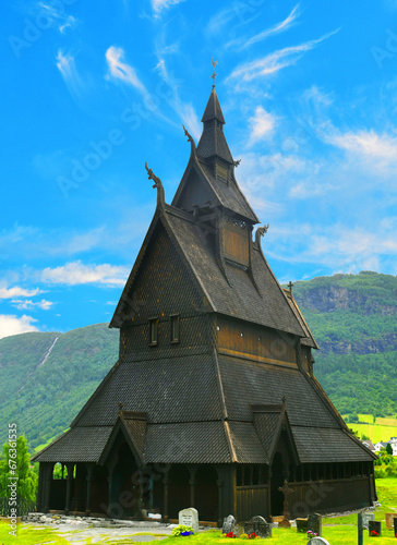 Old Norwegian Borgund Stave Church. Sognefjord, Norway. 