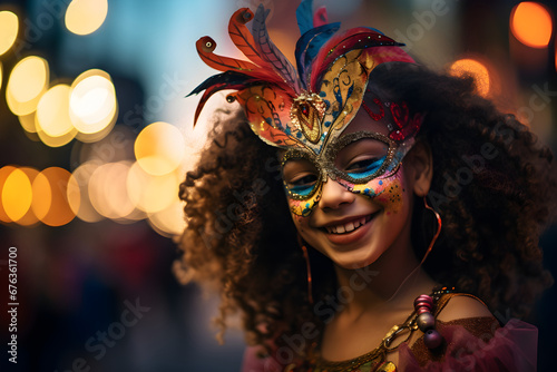 Beautiful closeup portrait of girl in traditional Samba Dance outfit and makeup for the brazilian carnival. Rio De Janeiro festival in Brazil.