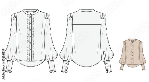 Stand High Neck Bishop Sleeve Blouse Top Fashion Illustration, Vector, CAD, Technical Drawing, Flat Drawing, Template, Mockup