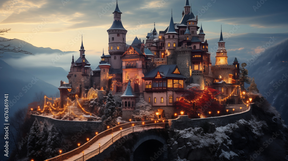 Great castle on the hill, Transylvanian style, covered with little lights, getting ready for Christmas - obrazy, fototapety, plakaty 