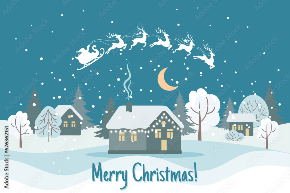 Fototapeta premium Winter landscape with cute houses, Santa on a sleigh with reindeers and the night sky. Merry Christmas greeting card template. Illustration in flat style. Vector