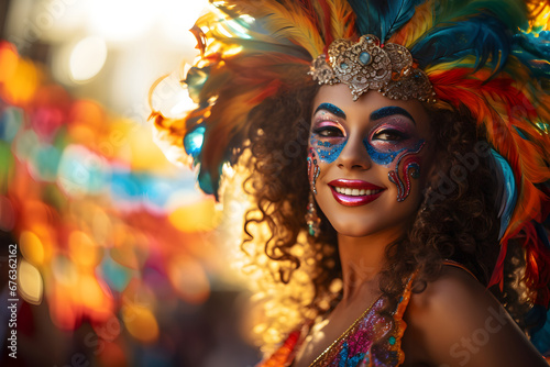 Beautiful closeup portrait of young woman in traditional Samba Dance outfit and makeup for the brazilian carnival. Rio De Janeiro festival in Brazil. © AnaWein