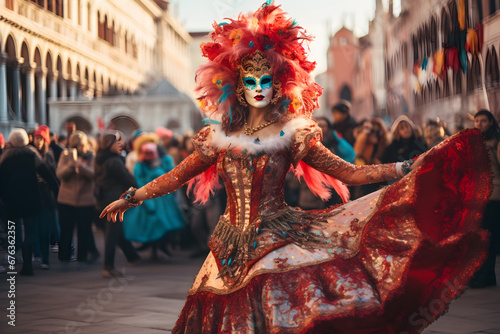 Beautiful closeup portrait of young woman in traditional venetian carnival mask and costume, dancing at the national Venice festival in Italy.