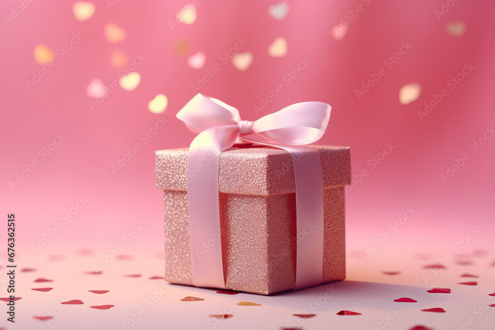 A pink gift box with a bow on a pink background created with generative AI technology A pink gift box with a bow on a pink background created with generative AI technology