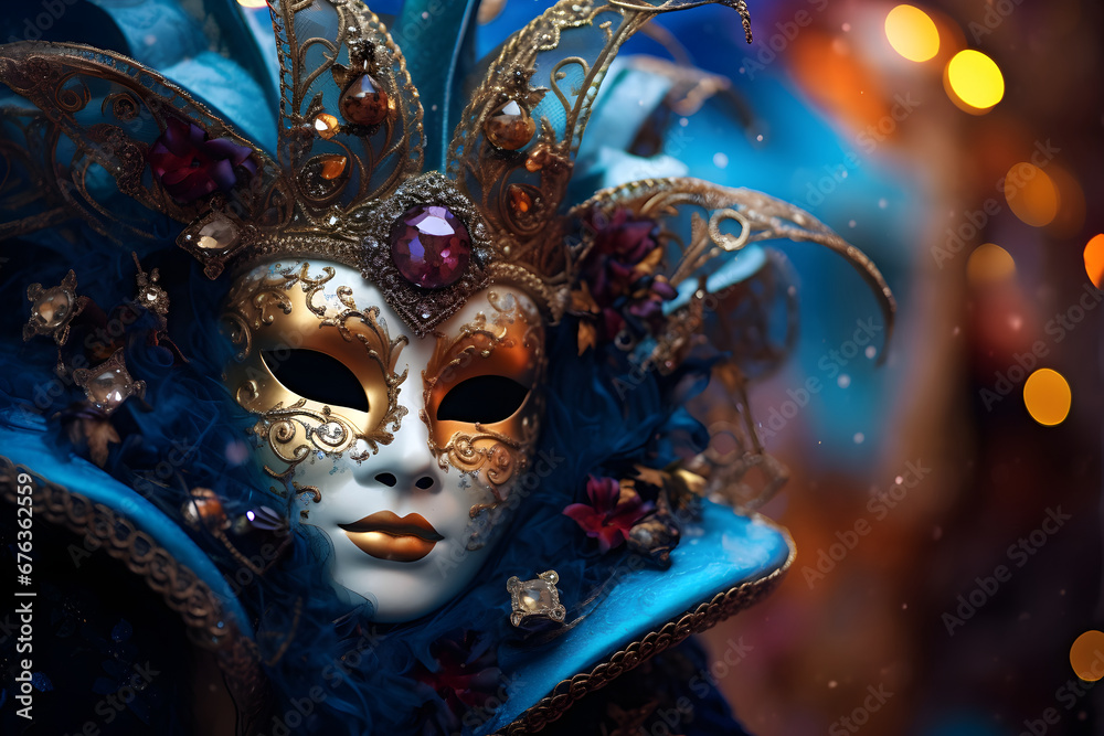 Beautiful closeup portrait of young woman in traditional venetian carnival mask and costume, at the national Venice festival in Italy.