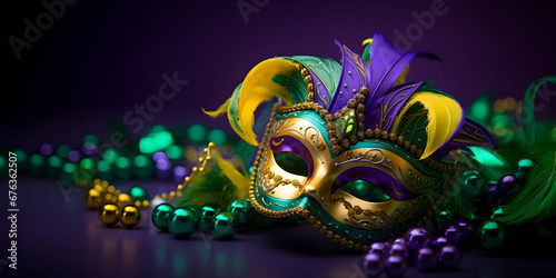 Colorful traditional mardi gras carnival mask with gold, green colors decoration for national festival celebration on purple background with copy space.